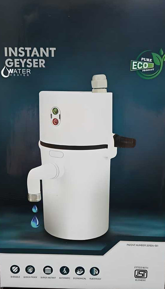 Instant Geyser water heater on a dark background with branding elements.